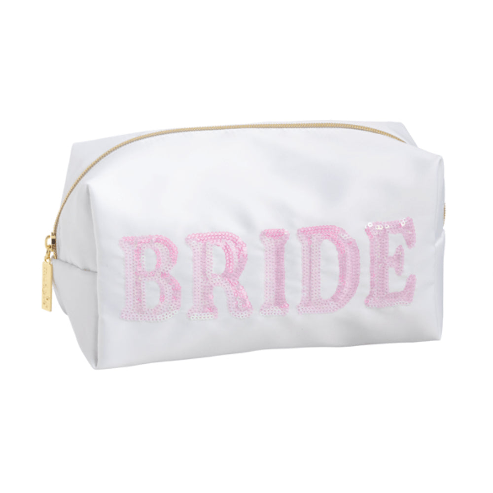 White cosmetic bag with 'BRIDE' in pink letters on a white background.