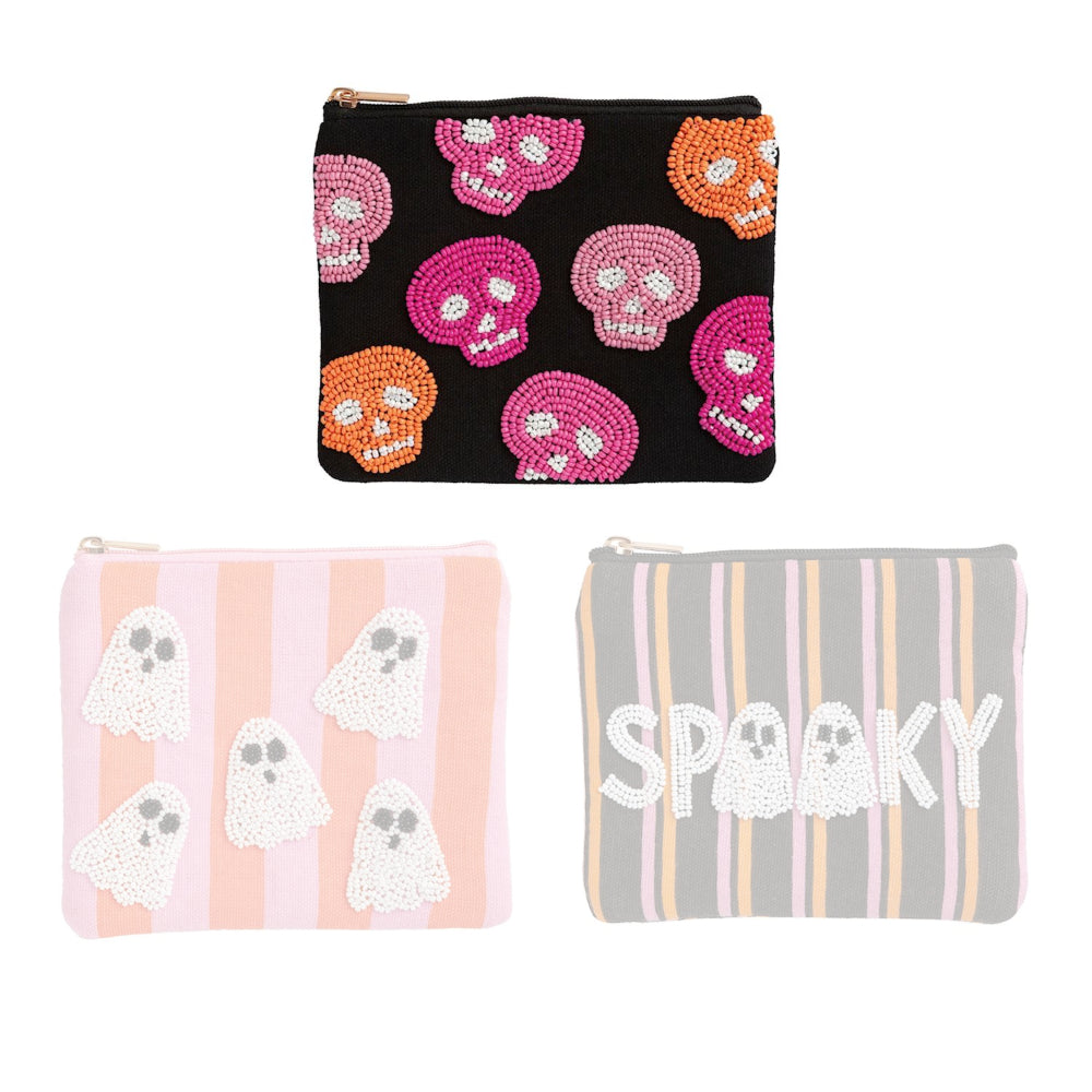 Three Halloween-themed pouches with skull, ghost, and 'Spooky' designs on a white background.