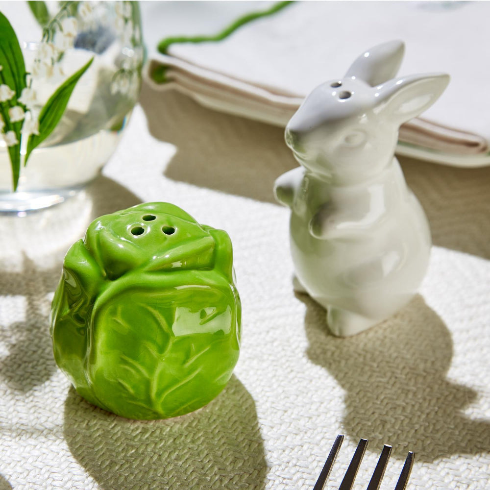 Two's Company Easter Bunny and Cabbage Leaf Hand-Painted Salt and Pepper Shaker Set in Gift Box