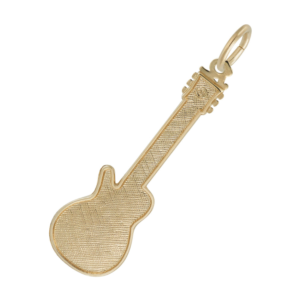 Back of a gold electric guitar charm with a textured finish, shown on a plain white background.