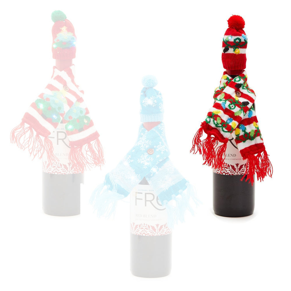 Two's Company Merry & Bright Knit Light Up Scarf & Hat Bottle Cover