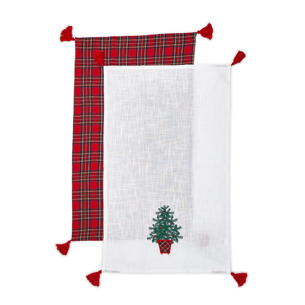 Two's Company Tartan Traditions Towel with Embroidery Details & Decorative Tassels - Set of 2