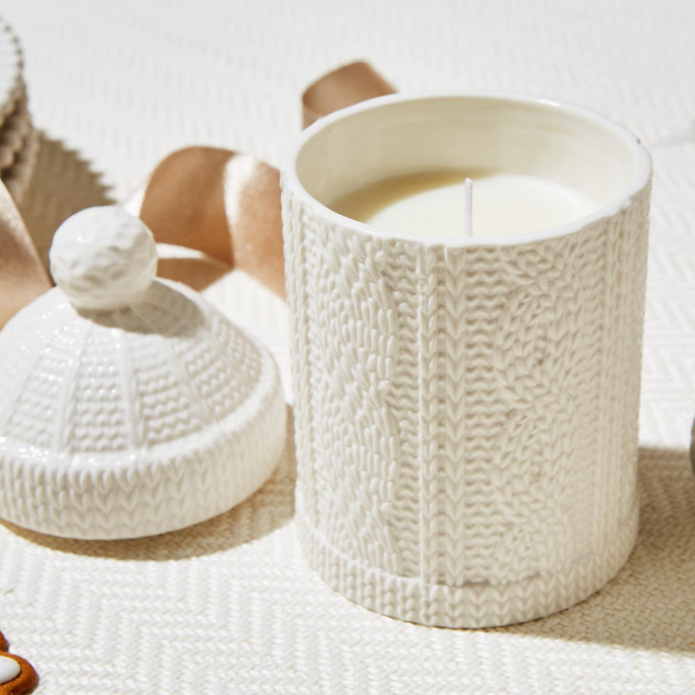 Two's Company Cable Knit Lidded Filled Candle with Fraser Fir Scent in Gift Box