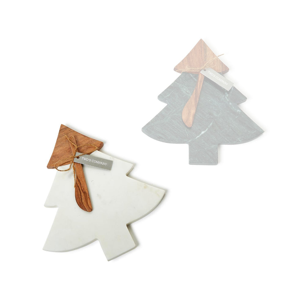 Two's Company Marble And Wood Tree Shape Serving Board With Spreader