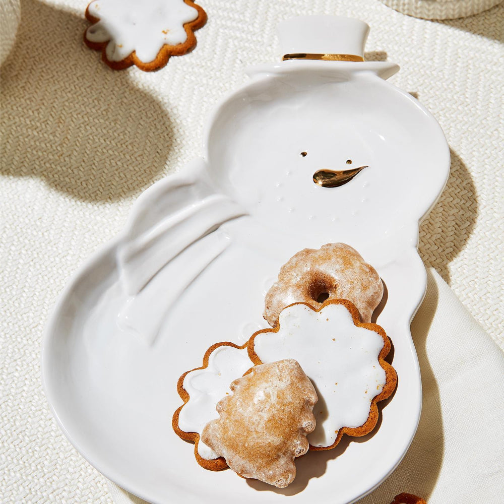 Two's Company Snowman Serving Dish with Gold Hand-Painted Accents