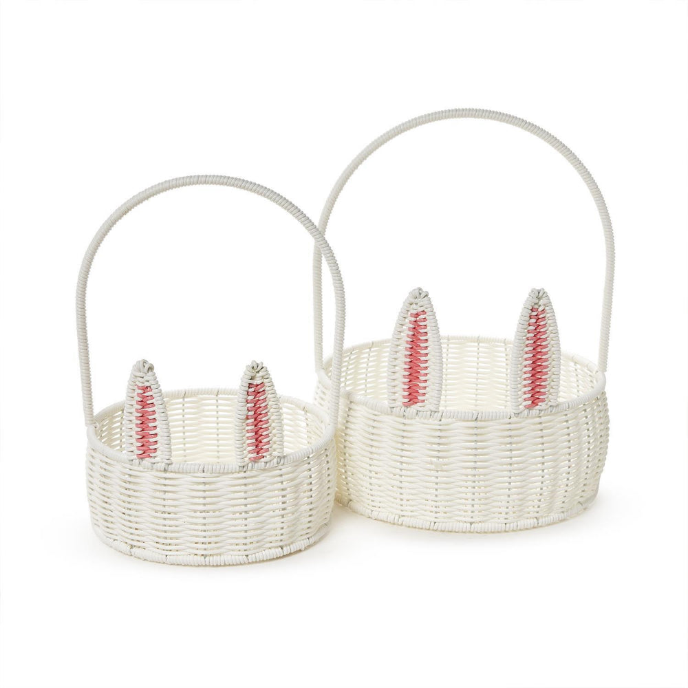 Two's Company Faux Wicker Easter Bunny Baskets with Pom-Pom Tail