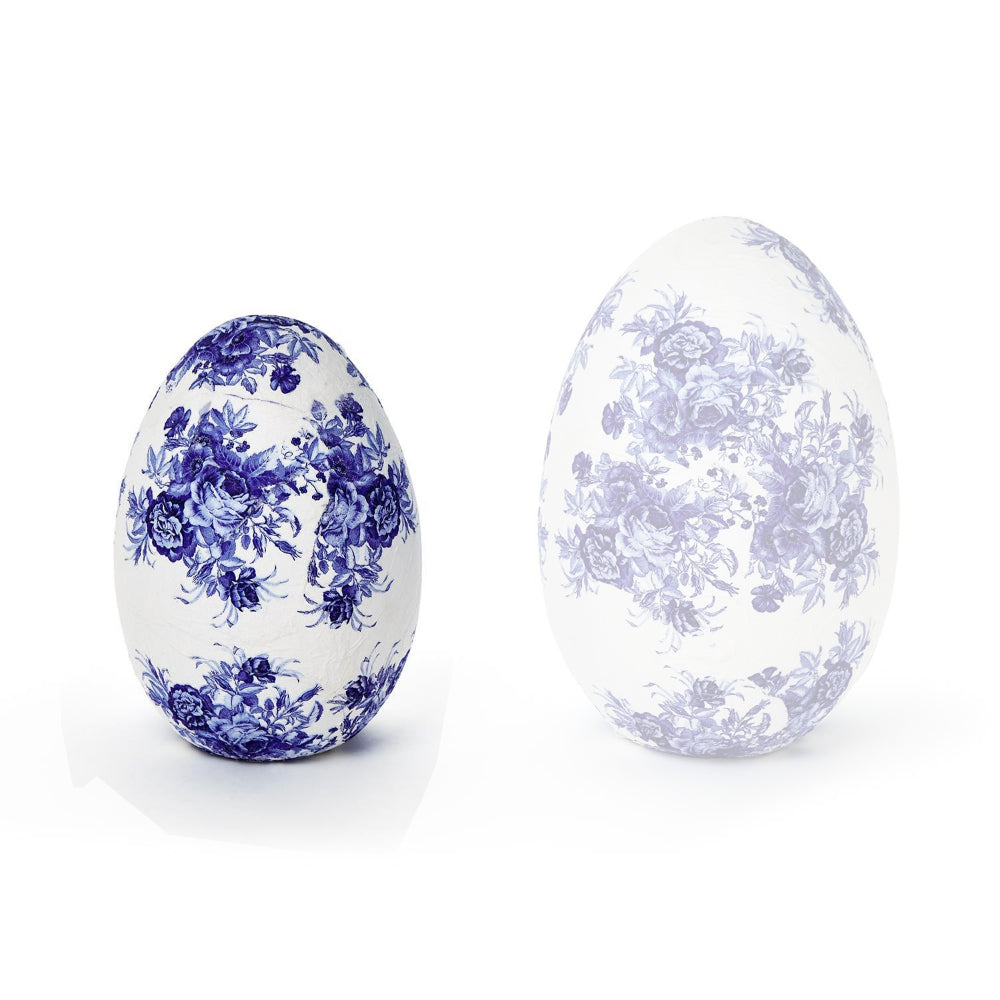 Two's Company Blue and White Hand-Crafted Paper Mache Eggs- Blue Flowers