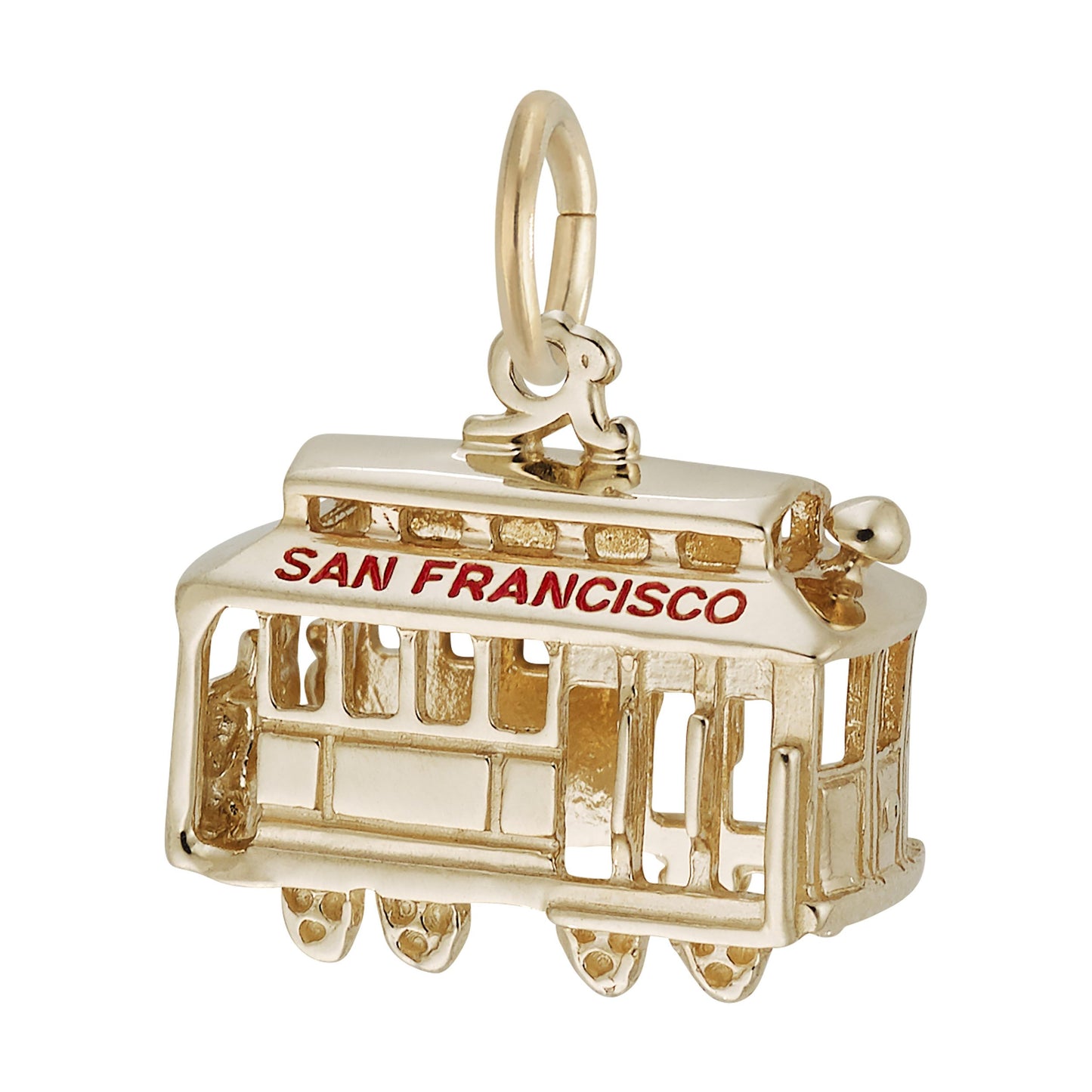 Reverse side of Gold cable car charm with 'San Francisco' text on a white background