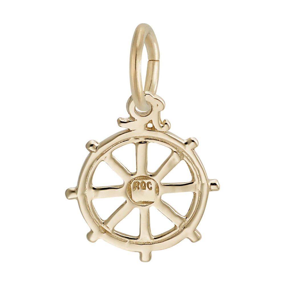 Back of gold ships wheel charm, shown on a white background
