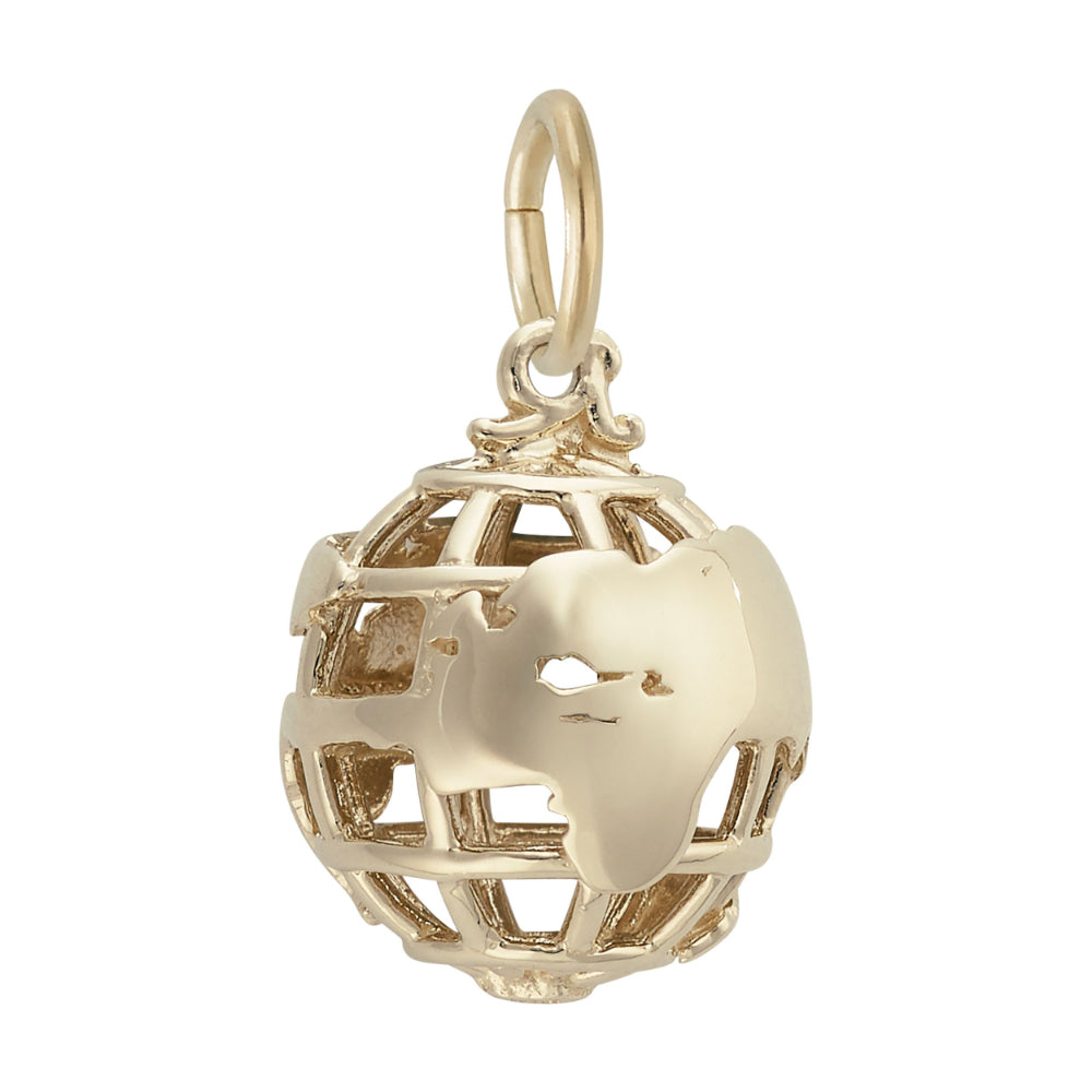 Gold globe charm, featuring western Europe and Africa, shown on a white background