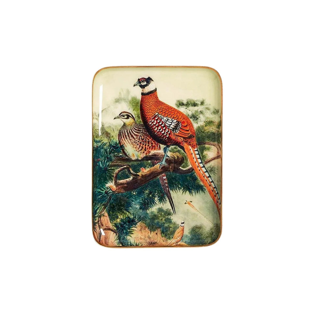 A rectangular metal tray with rounded corners, featuring a vintage-style illustration of two pheasants perched on a tree branch amidst green foliage. The plate is shown against a solid white background.