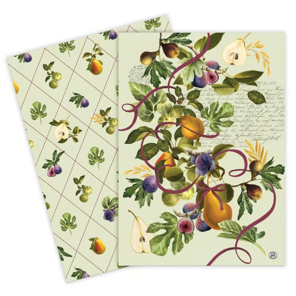Two kitchen towels featuring figs and pears with vintage script and diamond grid patterns on a cream background.