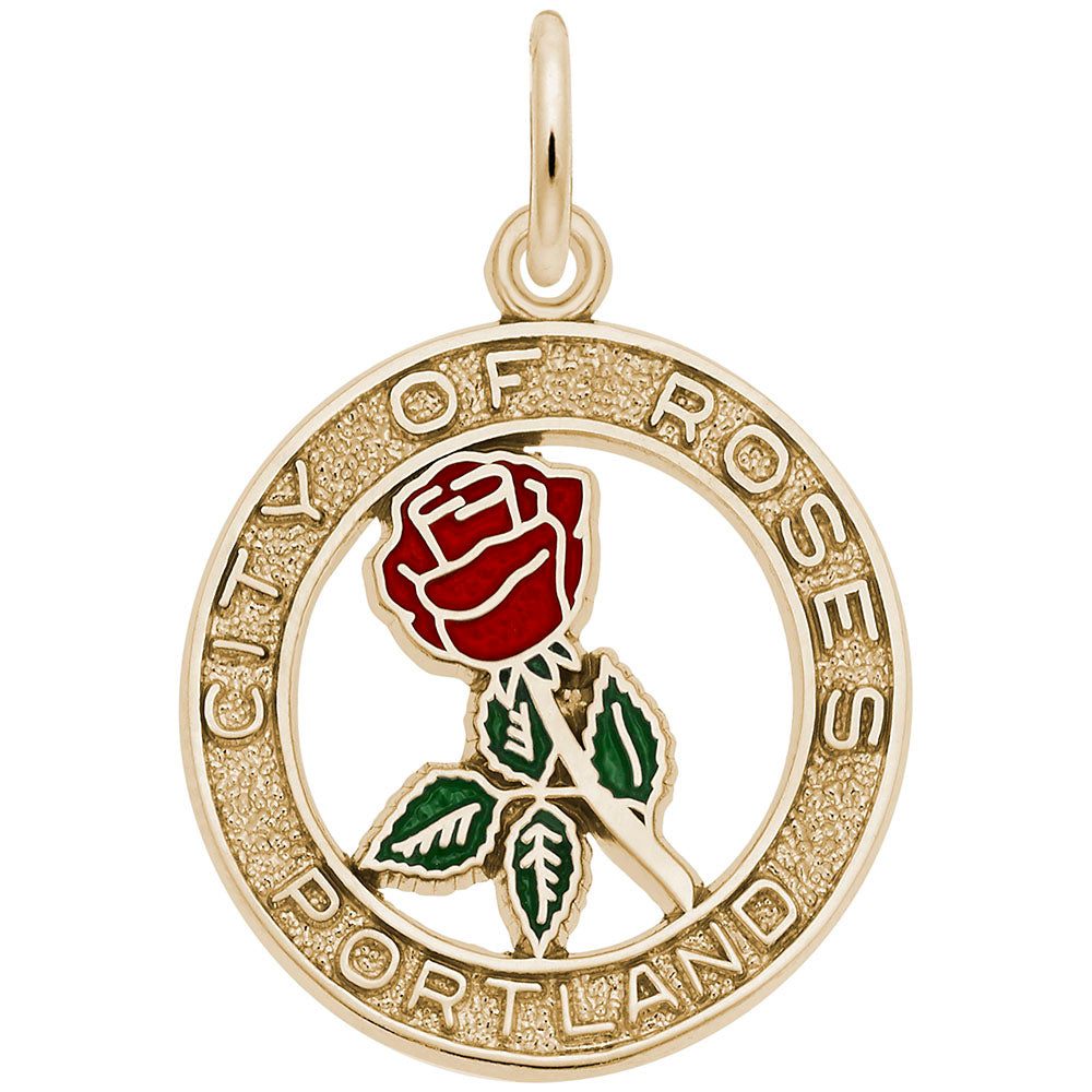Gold charm with red rose design and 'Portland City of Roses ' text, shown on a white background