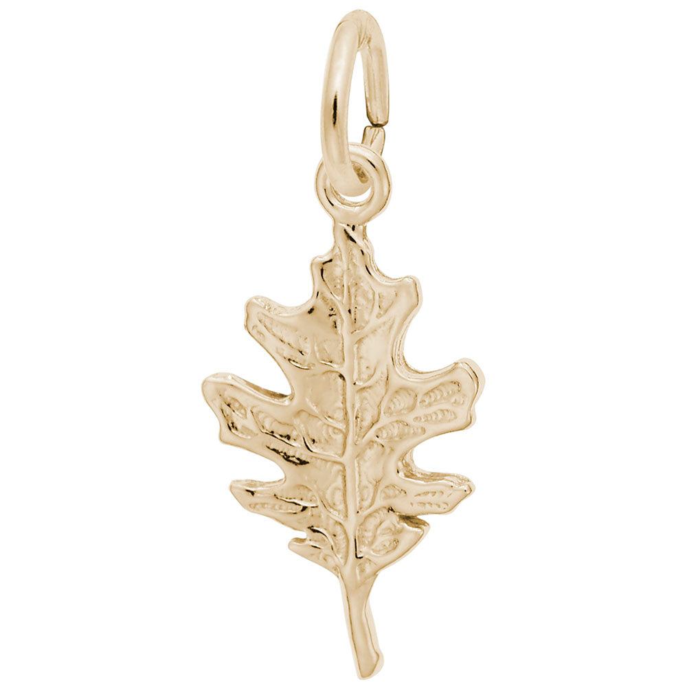 A gold oak leaf charm with a textured leaf design, shown on a plain white background.