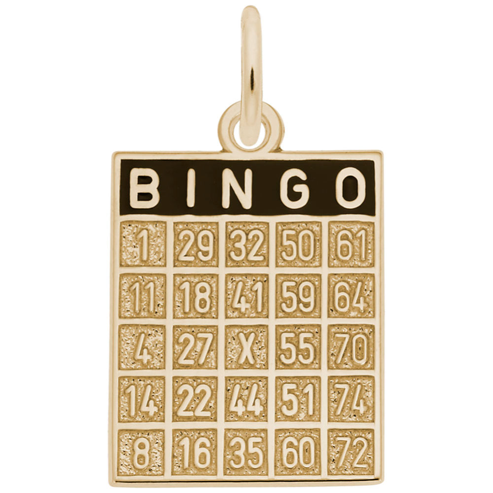 A gold bingo card shaped charm with a black painted header and gold letters and number, shown on a white background