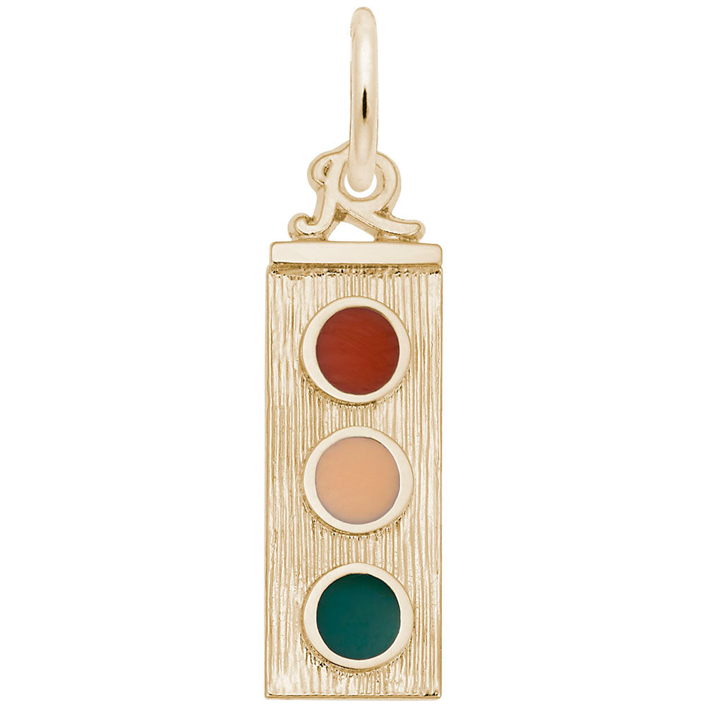 Gold traffic light charm with painted lights, shown on a white background