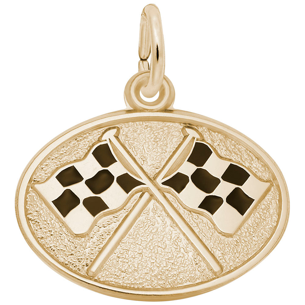 Gold oval charm with two crossed checkered flags on a white background