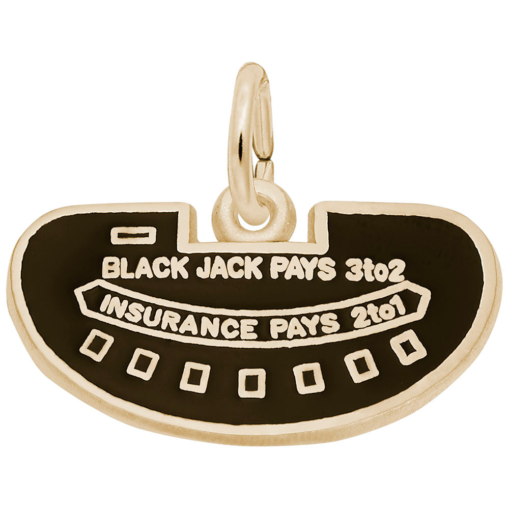 Blackjack table charm with gold lettering and edges, shown on a white background