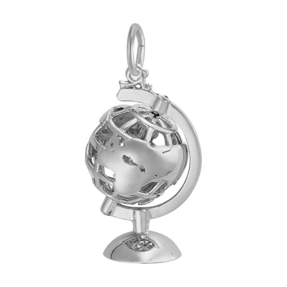 Reverse side of a silver globe charm featuring western Europe and Africa, shown on a white background