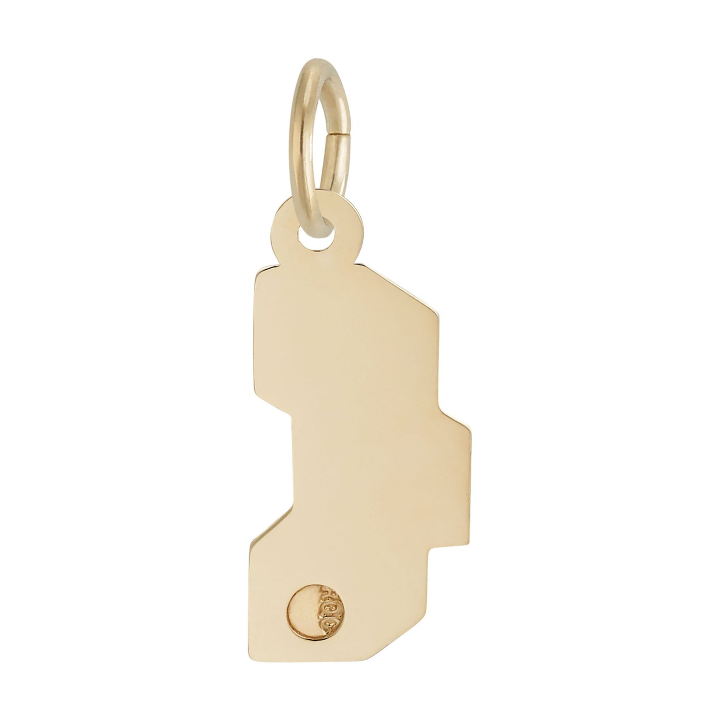 Back of Colorful ABC blocks shaped charm with Gold lettering and borders on a white background