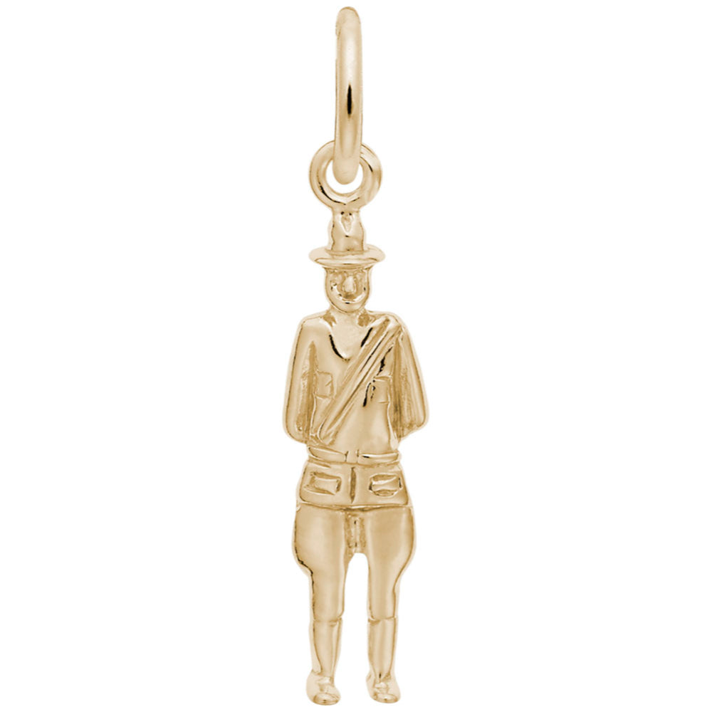 Gold Canadian mountie shaped charm on a white background