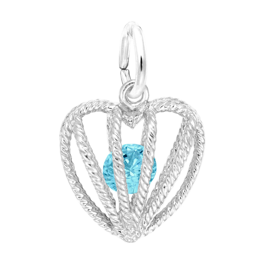 Silver heart-shaped pendant with a blue gemstone on a white background