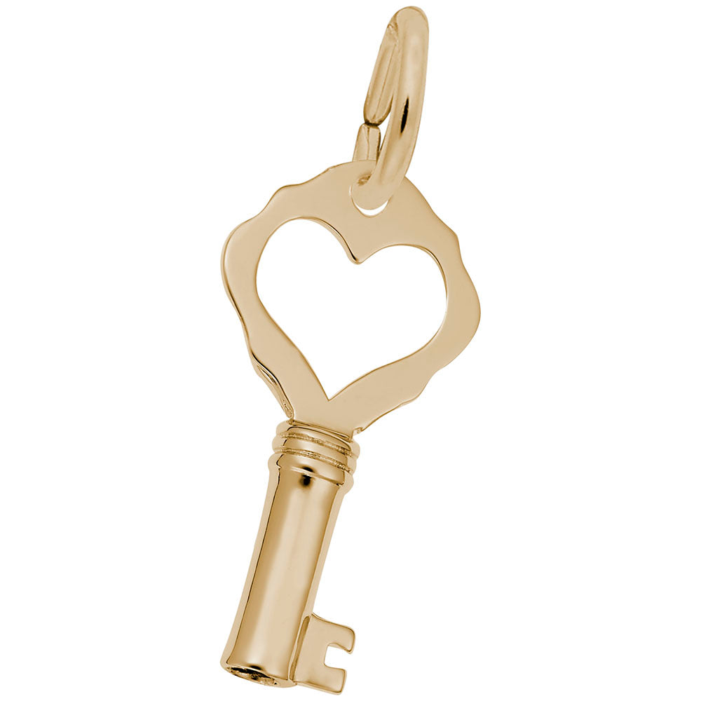 Gold key-shaped charm with a heart cutout design on a white background
