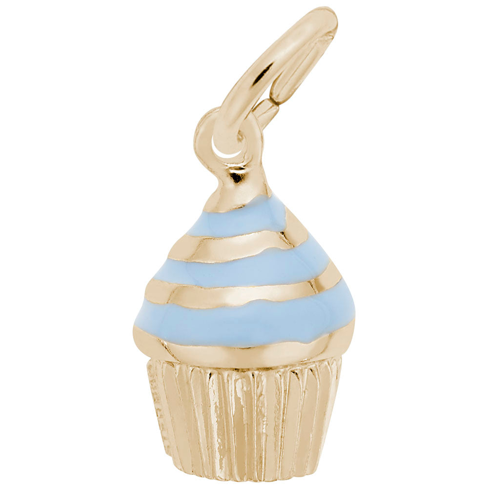 Gold cupcake charm with blue icing on a white background