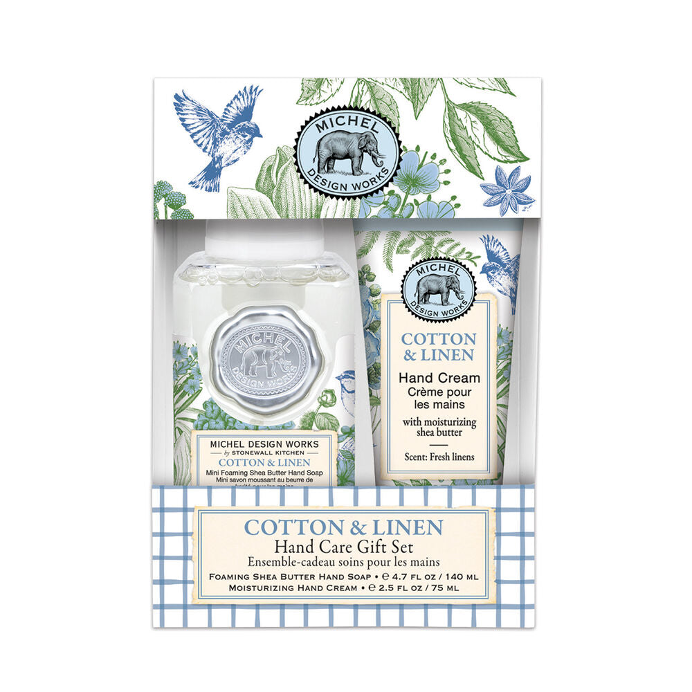 Michel Design Works Cotton & Linen hand care gift set packaging with hand cream and soap.