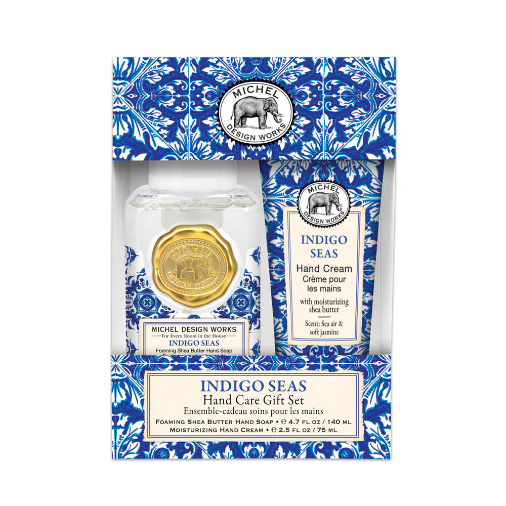 Michel Design Works Indigo Seas hand care gift set with blue and white packaging.