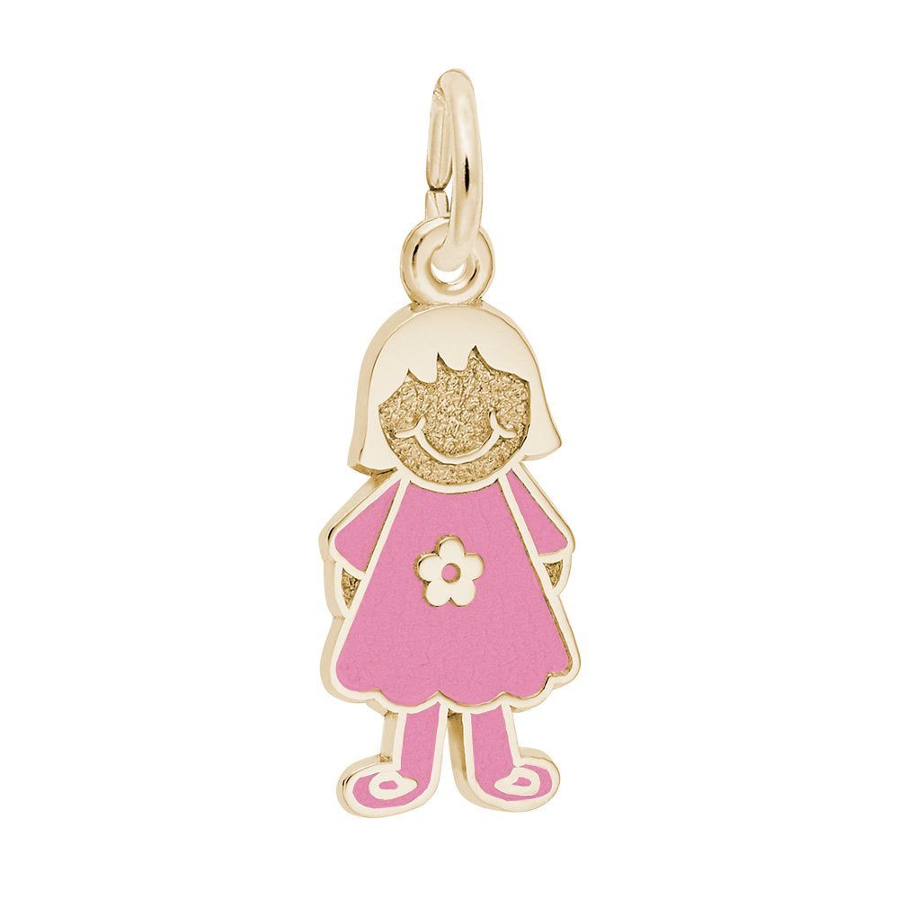 Gold charm shaped like a girl in a pink dress with a flower on a white background