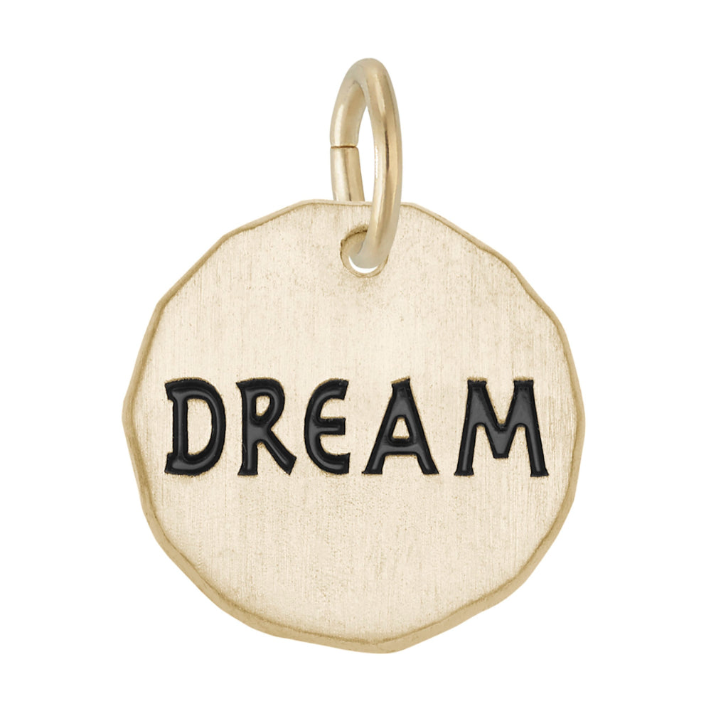 Gold disc charm engraved with "DREAM" shown on a white background