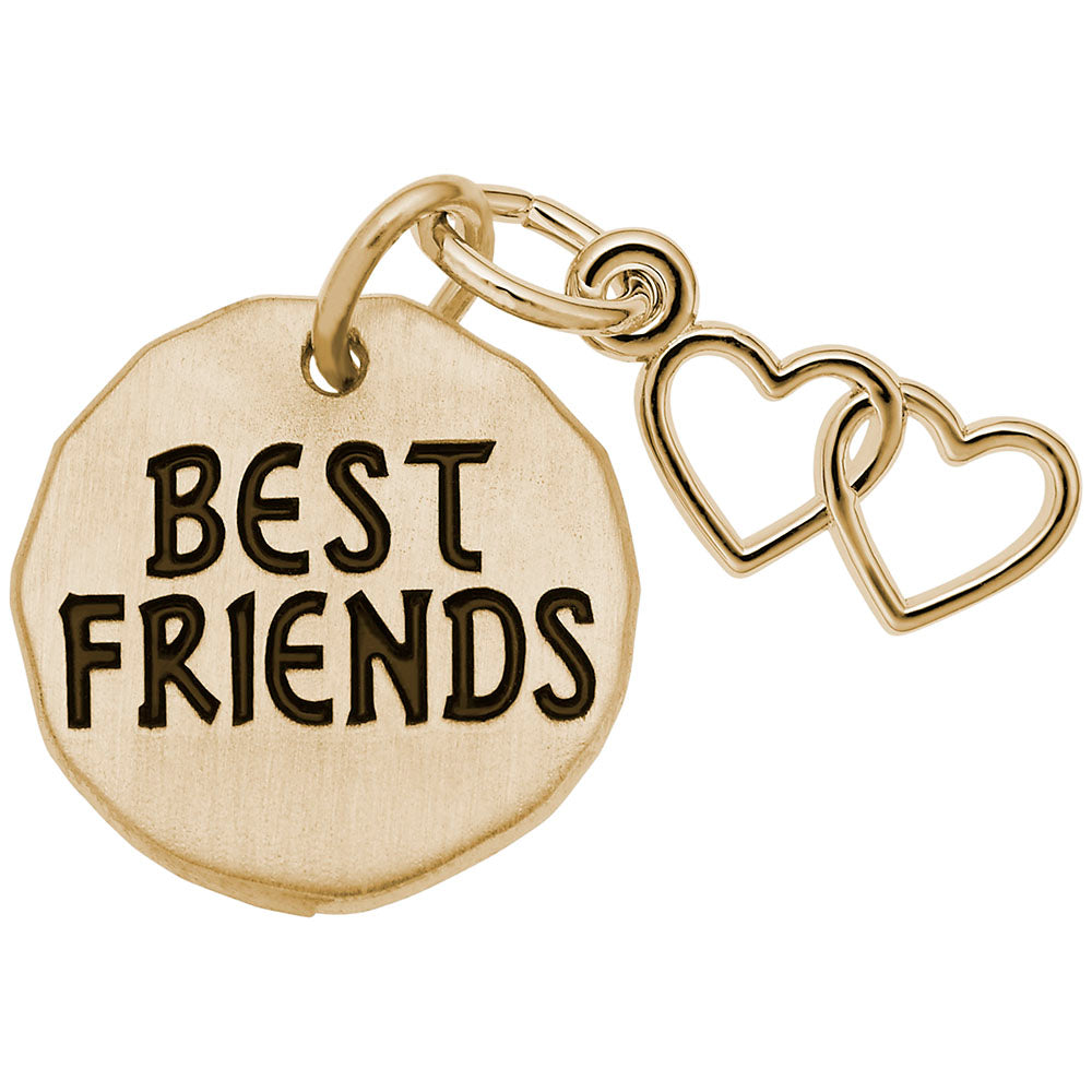 Gold disc charm with 'BEST FRIENDS' text and extra heart shaped charms on a white background