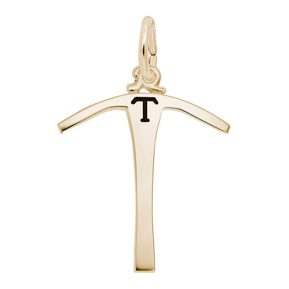 Gold pickaxe charm featuring a polished finish and a black capital letter 'T' engraved at the center, shown on a solid white background.