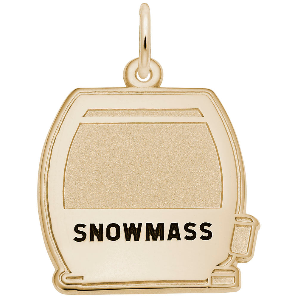Gold charm shaped like a gondola with 'SNOWMASS' text on a white background
