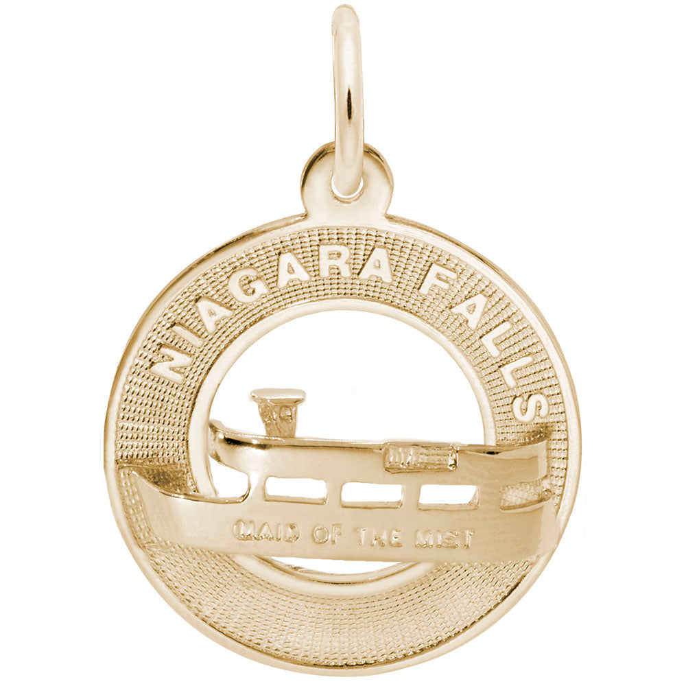 Gold ring charm with a boat with 'MAID OF THE MIST' engraved on it, on a white ack ground