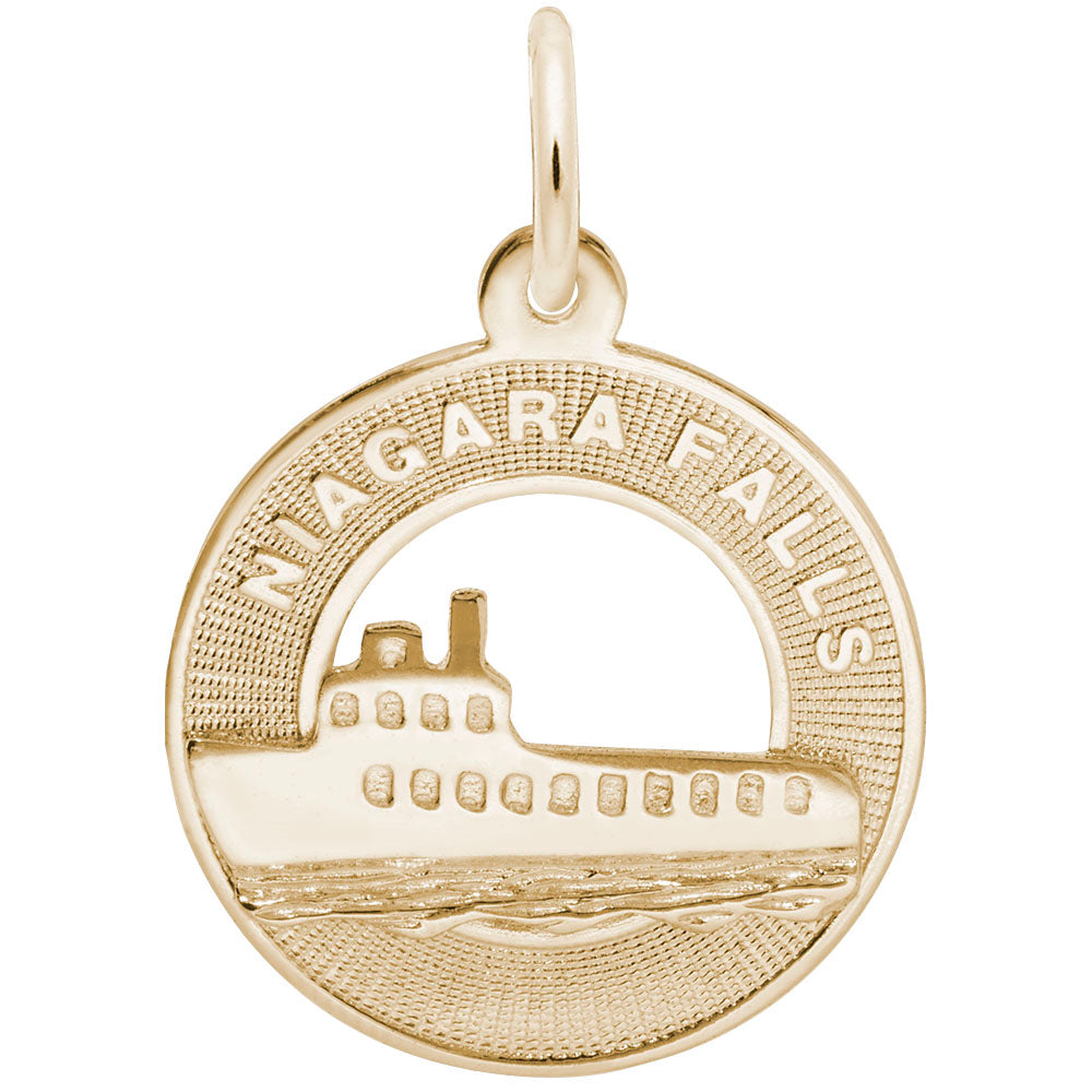 Gold Niagara Falls Ring with a boat charm on a white background