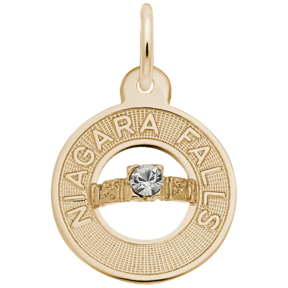 Gold Niagara Falls Ring charm with central bar with a clear stone on a white background