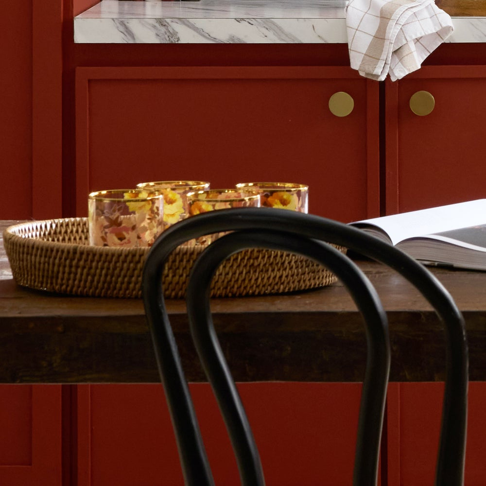 MacKenzie Childs Mocha Check Enamel & Rattan Serving Tray - Small