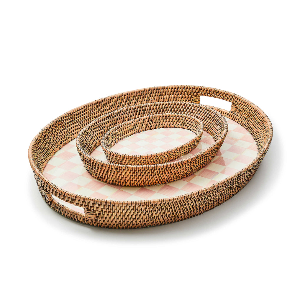 MacKenzie-Childs Rosy Check Enamel & Rattan Serving Tray