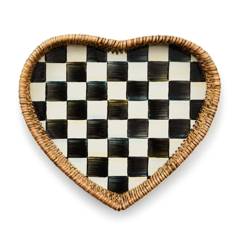 MacKenzie-Childs Courtly Check Enamel & Rattan Heart Tray
