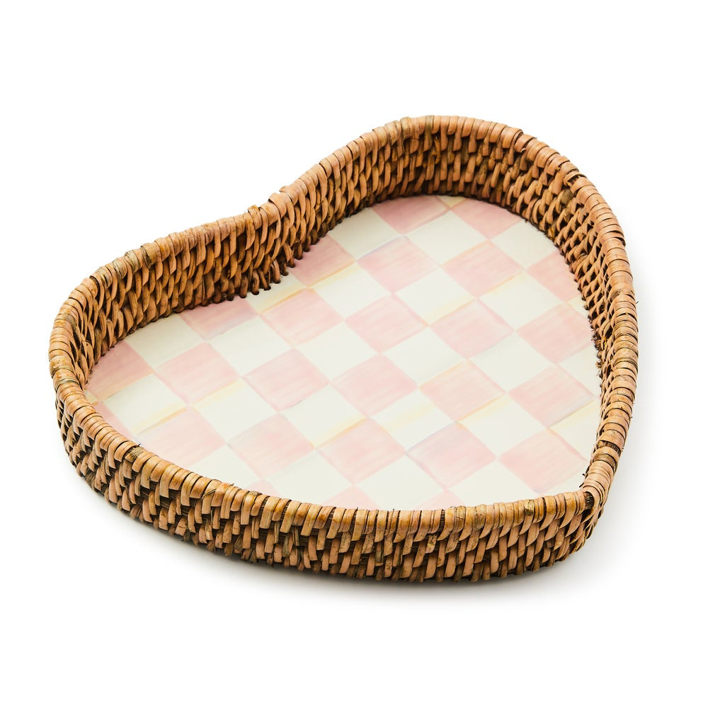 MacKenzie Childs Rosy Check Enamel & Rattan Heart Tray