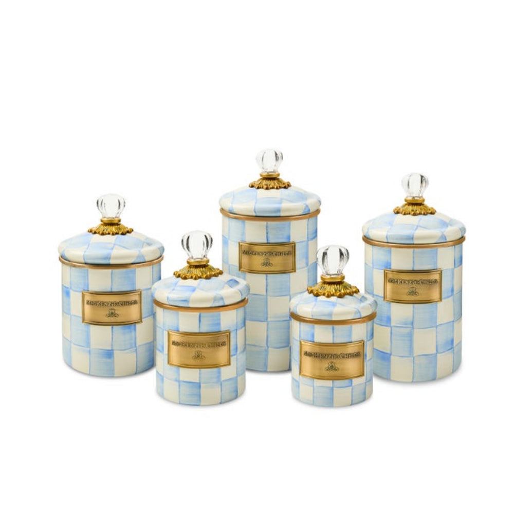 Set of decorative sky check canisters with blue and white checkered pattern on a white background