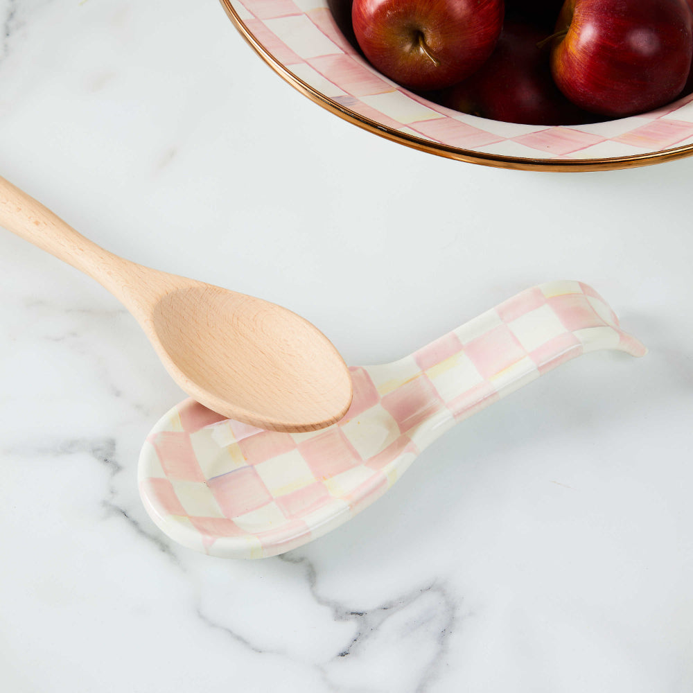 Rosy Check spoon rests with wooden spoon