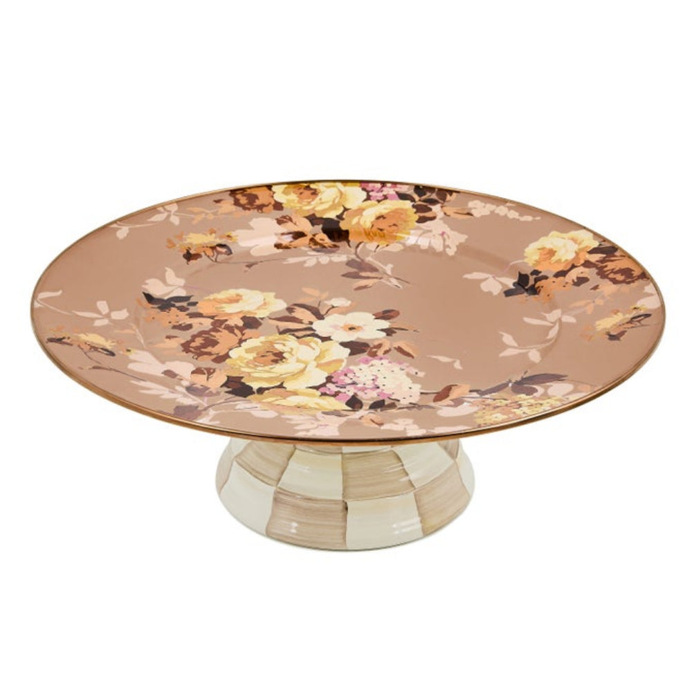 Round pedestal platter with wild rose pattern on a white background