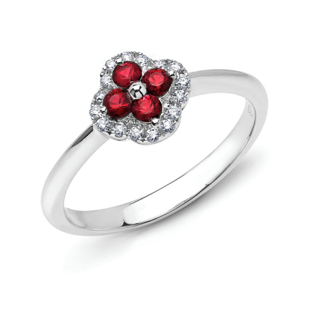 14k Ruby and Diamond Scalloped Halo Ring