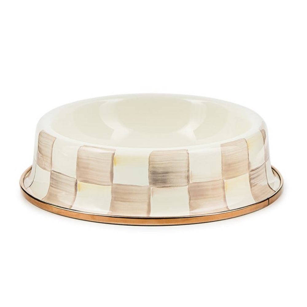 A small mocha check cat dish bowl on a white background.