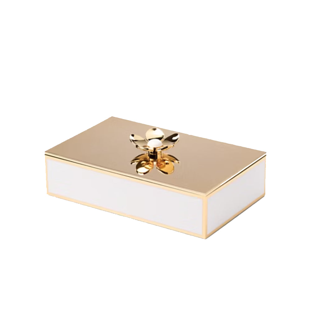 Rectangular jewelry box with gold lid and white base on a white background.