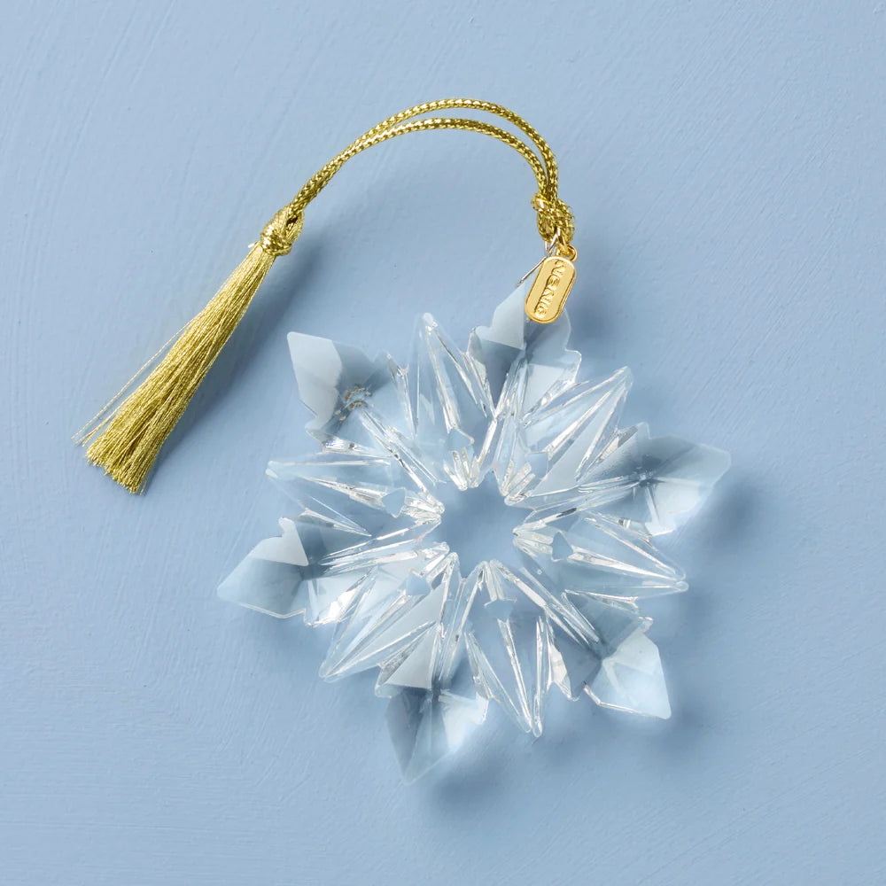 Crystal snowflake ornament with gold tassel on a light blue background