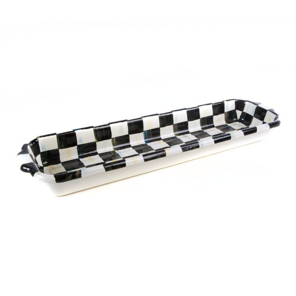 Long rectangular metal component with central circular hole on a white background
